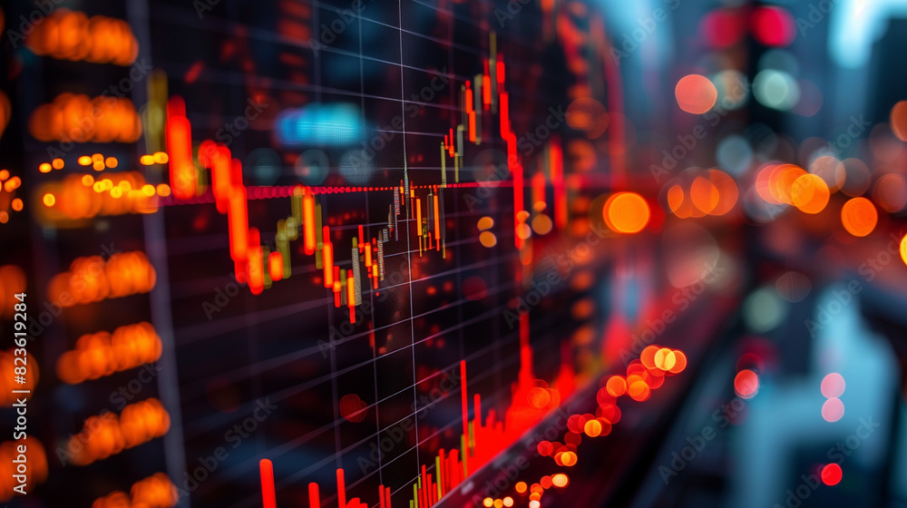 Wall mural Stock Charts on Screen - Close-up of stock charts on a computer screen, showing the ups and downs of stock prices