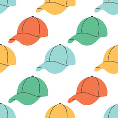 Seamless pattern with cute cap. Summer head accessory. Vector illustration in flat style