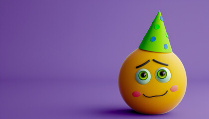 Round yellow emoji with rolling eyes, cheeky, wearing a neon green party hat, right side, violet background, text space on the left.