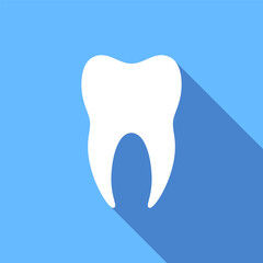 Tooth long shadow logo or icon. White molar on blue background.