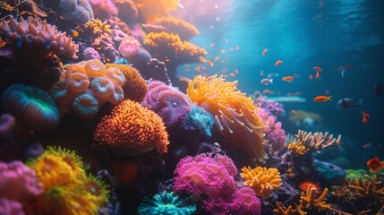 Detailed image of a colorful coral reef and a multitude of small orange fish in their natural habitat