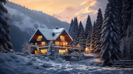 A Beautiful Fancy House Surrounded by Fir Trees on Snow Mountain Landscape Background