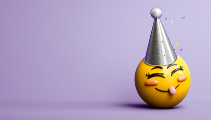 Winking yellow emoji with a silver party hat, right side, violet background, left text space.