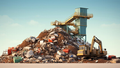 Large pile of trash with excavator and processing plant in background.