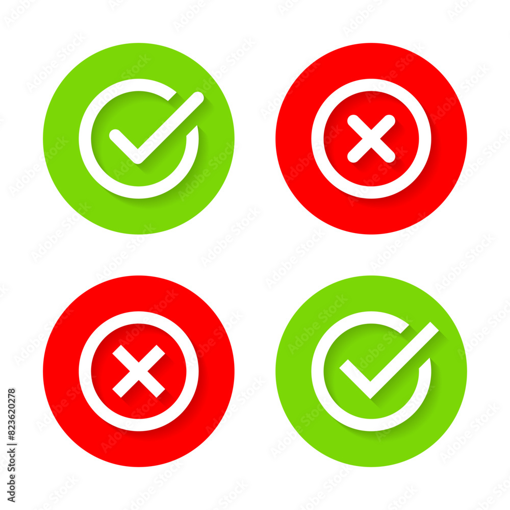Poster check and cross mark icon on with shadow. tick and x concept