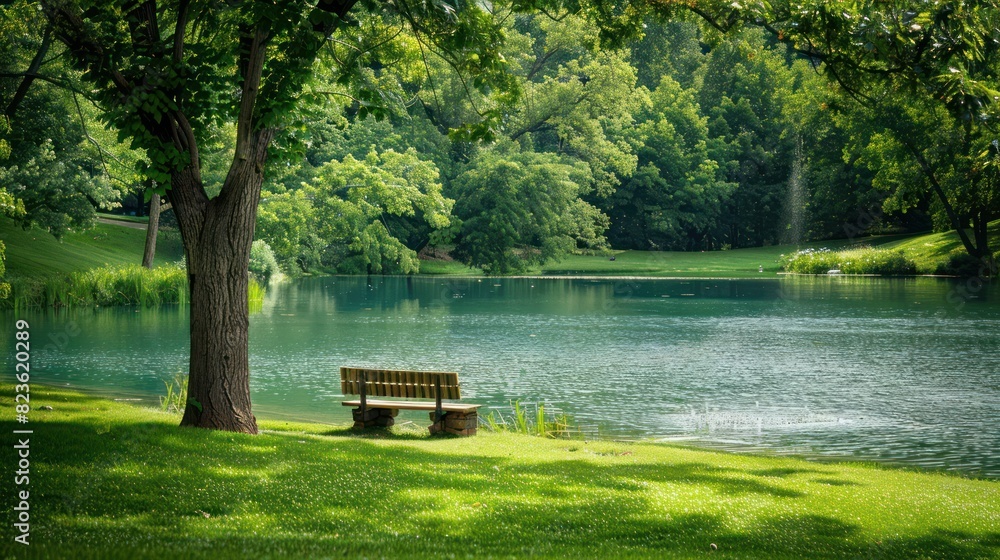 Wall mural A park bench against the background of water. Daytime