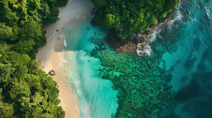 Stunning aerial view of a tropical island with white sandy beaches, coral reefs and lush rainforests