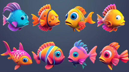 Asset of fish with cartoon style on dark background, Illustration.