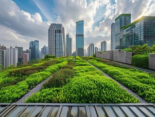 Fototapeta premium Green rooftop garden with modern skyscrapers in the background.