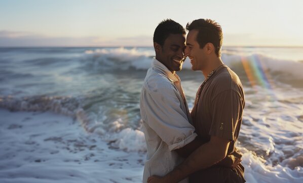 Happy Gay Couple Embracing on Beach with Ocean Waves in Background