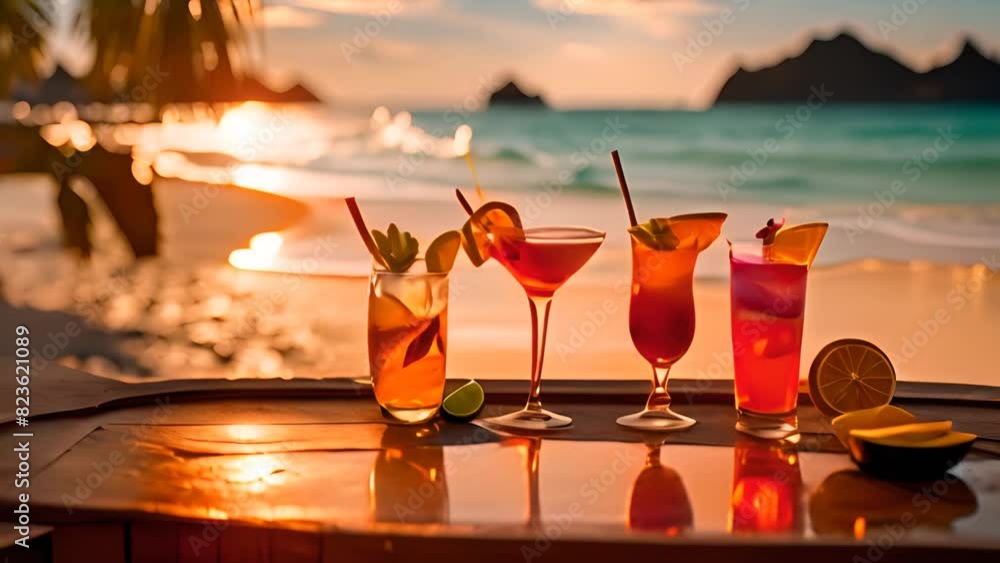 Poster three different types of drinks on a table generative ai