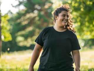 Young plus size woman wearing blank empty black tshirt mockup for design template in the park