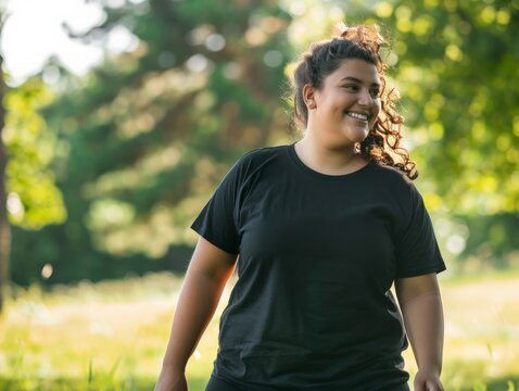Young plus size woman wearing blank empty black tshirt mockup for design template in the park