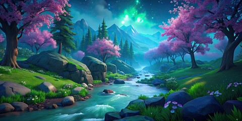 spring forest nature landscape, beautiful spring stream, river rocks in mountain forest
