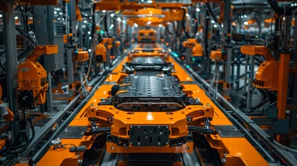 High-tech automation robotics working on a car manufacturing production line with precision and efficiency