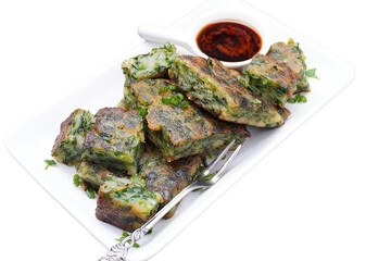 Fried chive dumplings and sweet black soy sauce sauce, Chinese food