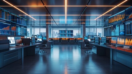 Futuristic trading desks with glowing screens in a modern office.