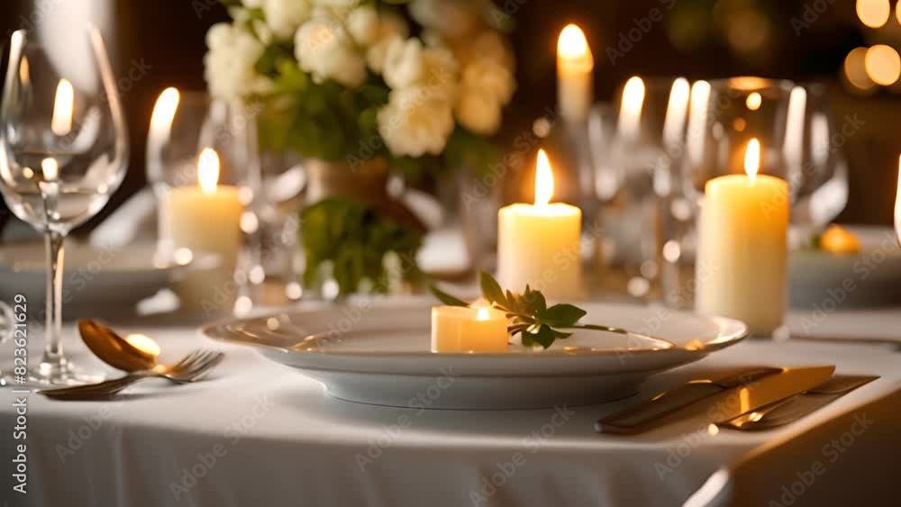Poster elegant table set with candles and place settings generative ai