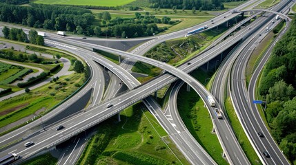 Aerial top view of multilevel junction ring road as seen on road motorway interchange with car traffic