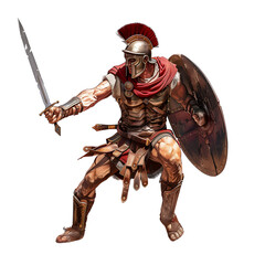 Heroic Roman Warrior in Battle Stance with Full Battle Gear Sword and Shield. Legionary Roman Gladiator.