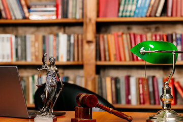Close-up of a lawyer or judge's workplace with a fimida on the table. Concept of legal law, corruption and laws.
