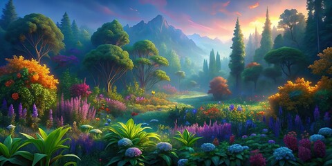 Vibrant and lush evergreen foliage with colorful wildflowers, capturing the beauty and tranquility of nature