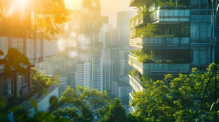 Vibrant Cityscape with Gleaming Skyscrapers and Lush Greenery at Sunrise or Sunset