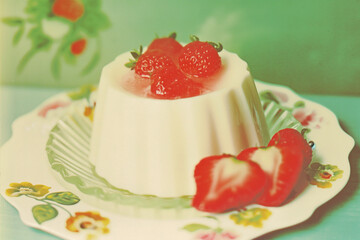 Vintage Illustration of jelly Pudding with strawberries. Image for cafe menu, Banner