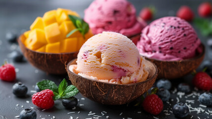 Exotic Flavored Ice Cream Scoops - Ice cream scoops in exotic flavors like mango, coconut, and passion fruit, served in coconut bowls