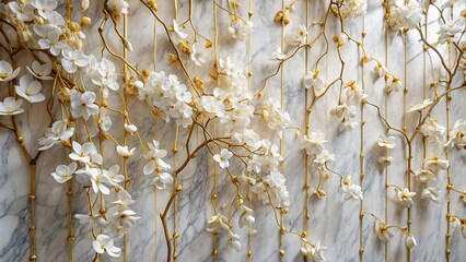 White flower petals intertwined with golden branches, gracefully cascading down a marble wall, evoking a sense of movement and organic beauty, blending nature and architecture