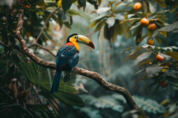 Obraz premium A vibrant toucan with colorful feathers is perched on a tree branch, showcasing its unique beauty and distinct features in its natural habitat