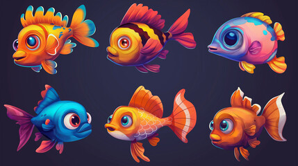 Asset of fish with cartoon style on dark background, Illustration.
