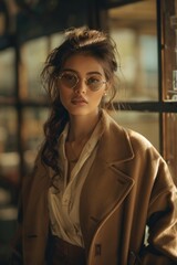 Fototapeta premium A confident fashion designer stands by a window, wearing a classic trench coat. She appears focused and stylish against the backdrop of the window