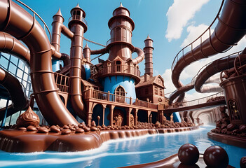 a water slide with a castle made from chocolate in the middle