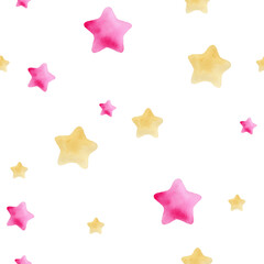 Seamless simple watercolor pattern with lovely pink and yellow stars. Handmade watercolor illustration on white background. For wrapping paper, fabric