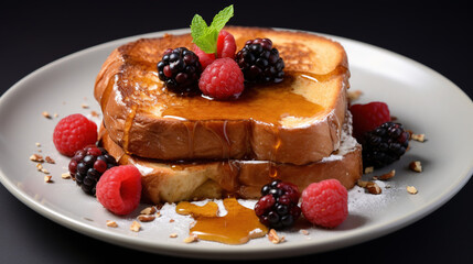 Delicious French Toast In White Plate Garnish With Strawberries and Coriander Leaf's on Blurry White Background