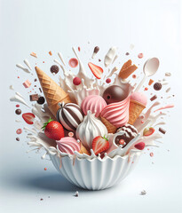 A delicious explosion of ice cream on a white background, with space for text.