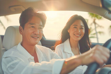 Car traveling concept. Happy asian couple driving a car. Summer travel concept.