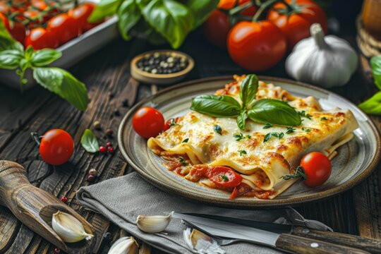 Rustic Plated Cannelloni Surrounded by Fresh Ingredients