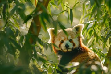 A close-up shot of a red panda climbing up a tree in a bamboo forest. The red panda is displaying...