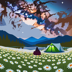 Camping in meadow.