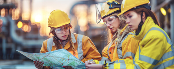 Female engineers in yellow protective gear and helmets examining a map at an industrial site. Background of machinery and sunset emphasizes teamwork and focus