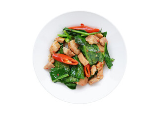 Thai food Stir-fried kale with shredded pork white background