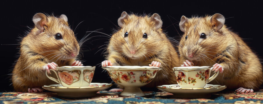 Three gerbils sitting at table with miniature teacups and saucers. Whiskers and curious expressions create charming and whimsical scene