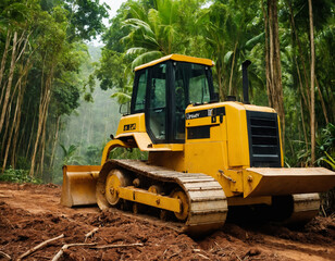 Fototapeta premium Yellow Bulldozer Operating in Jungle Terrain