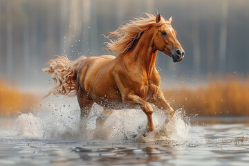 A beautiful palomino horse runs through the water, its mane and tail flowing in the wind. The horse is surrounded by a splash of water, and the sun is reflecting off its coat.