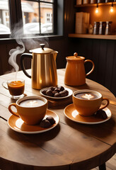 Obraz premium a wooden table with cups of coffee, chocolates, and a coffeepot on it