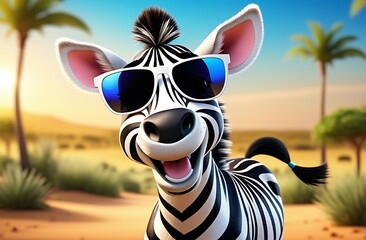 Cartoon character illustration, smiling zebra in sunglasses on background of savannah, sun is brightly, animal in its natural habitat, wildlife of Africa, concept of safari trip, nature reserve