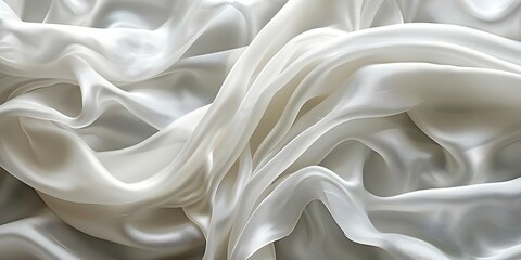 Fototapeta premium Elegant white silk textiles with wave patterns against a serene gray backdrop. Concept Textile Photography, Silk Fabrics, Wave Patterns, Serene Backdrop, Elegant Design