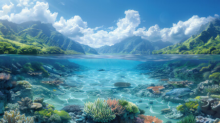 Half above water and half under, showing a beautiful coral reef with many types of fish and plant life, the sun is shining through the water, there are green mountains in the backg